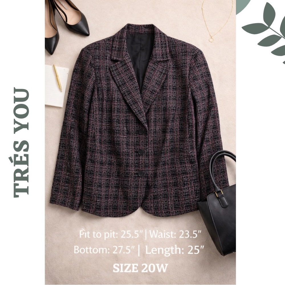 Très You Tweed Blazer Jacket Black Pink Size 20W